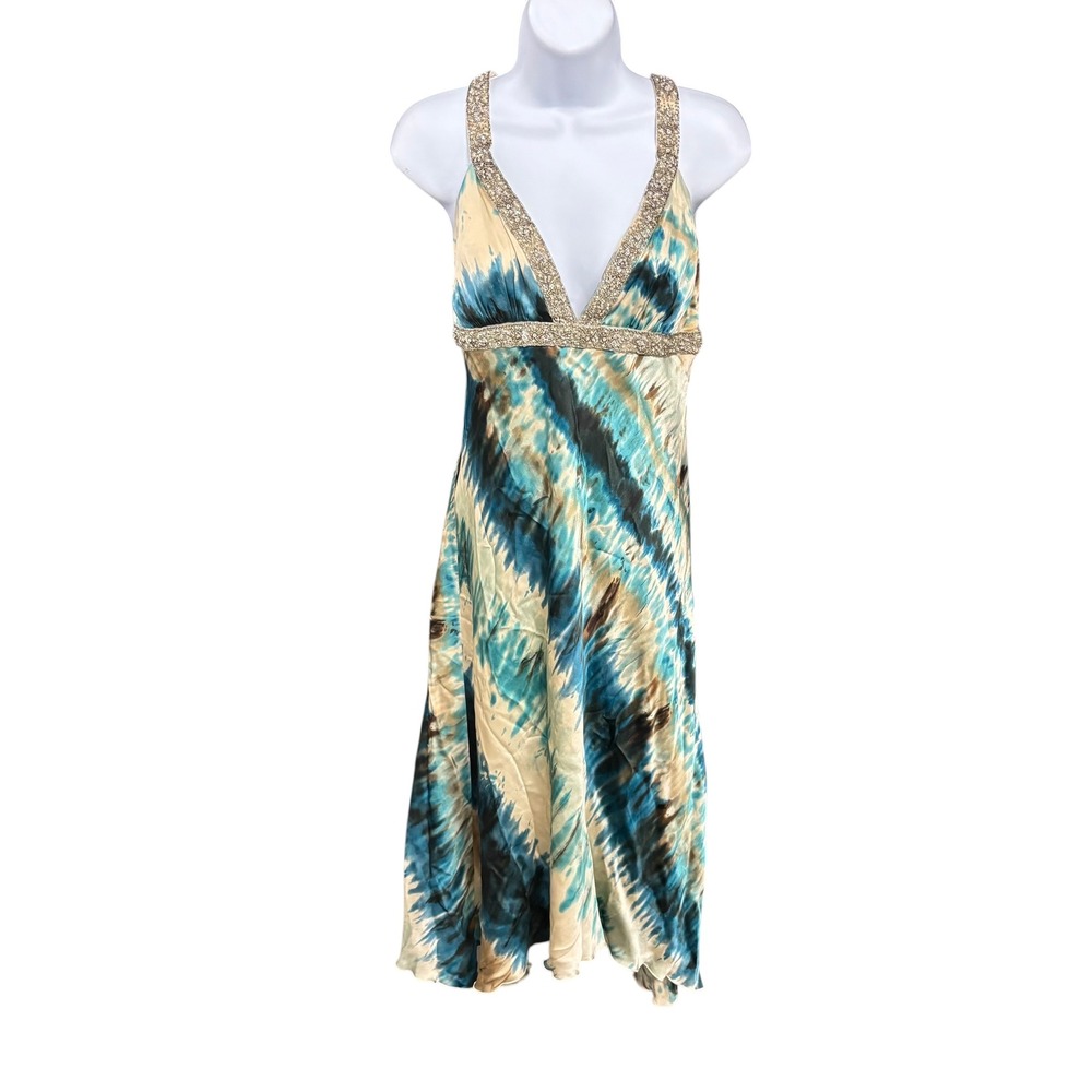 ABS Allen Schwartz Evening Dress Y2K Size 12 Silk‎ Tie Dye Beaded Sleeveless*